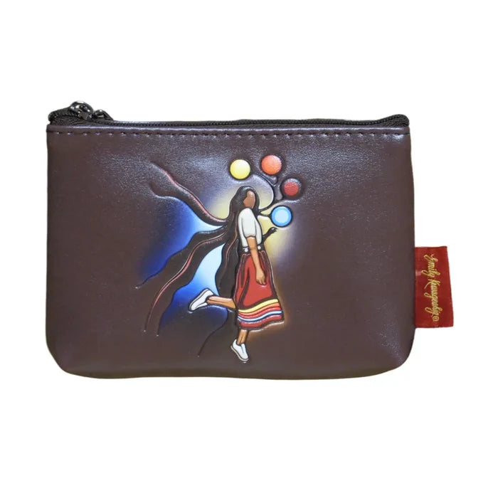 A Skirt with a Story Coin Purse featuring art by Emily Kewageshig, showcasing cultural pride and identity.
