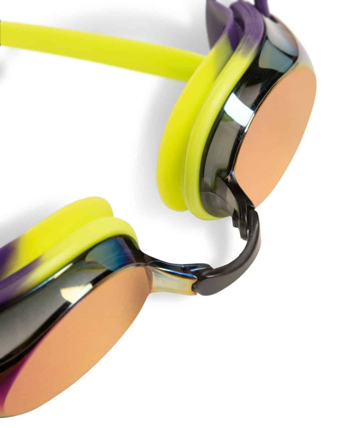 Arena Tracks Mirror Racing Goggles in violet, plum, and lime with reflective lenses for competitive swimming.