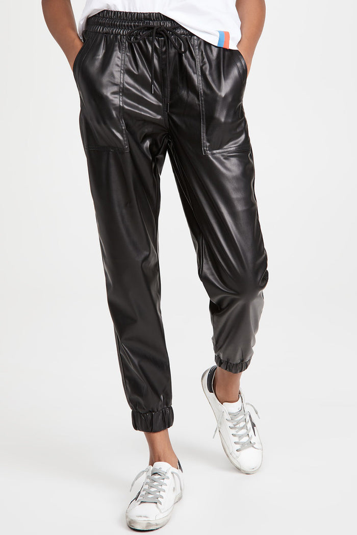 Black Faux Leather Ankle Smocked Waist Drawstring Joggers - Bottoms/Joggers