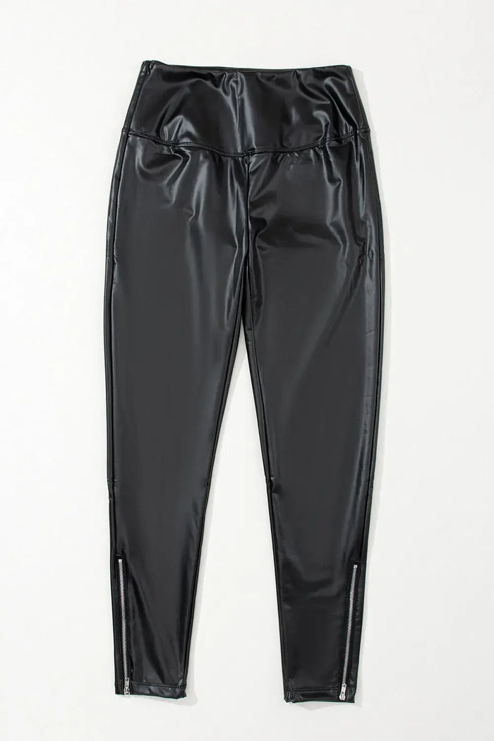 Black Faux Leather Zipped Detail Leggings - Bottoms/Leggings