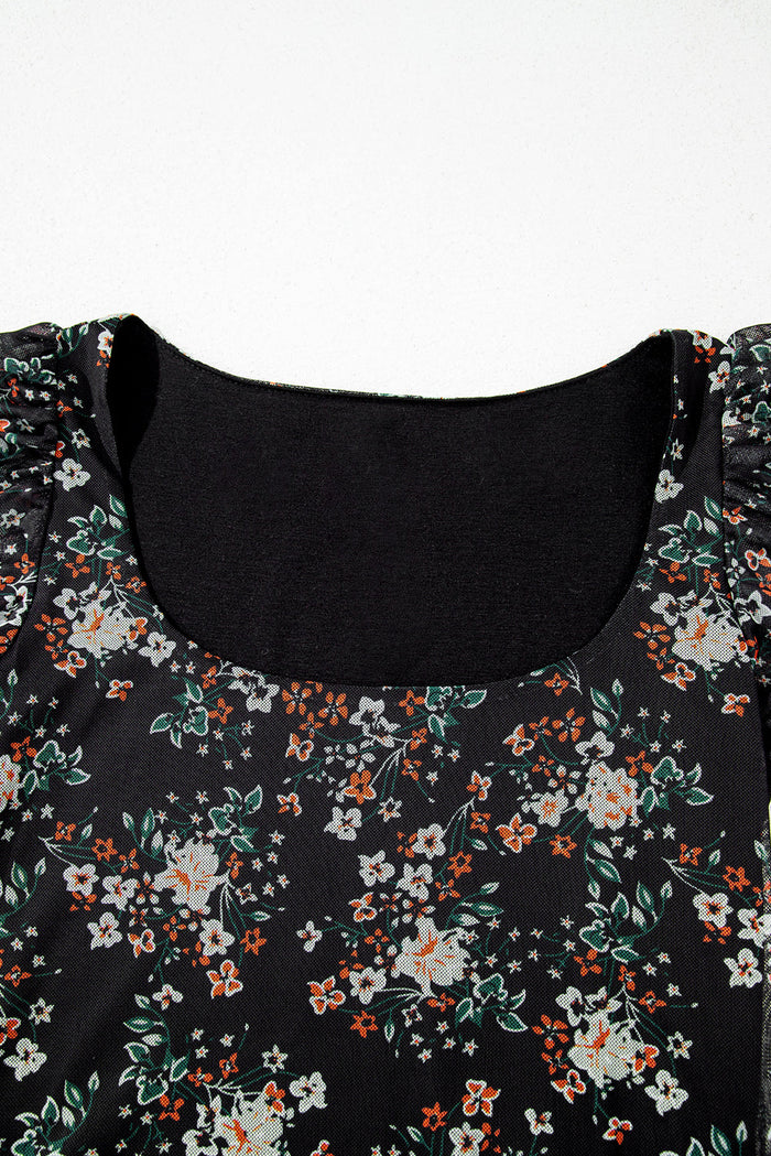 Black Floral Print U Neck Short Puff Sleeve Bodysuit - Tops/Bodysuits