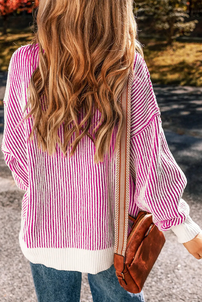 Bright Pink Striped Textured Knit Contrast Edge Loose Sweater - Tops/Sweatshirts & Hoodies