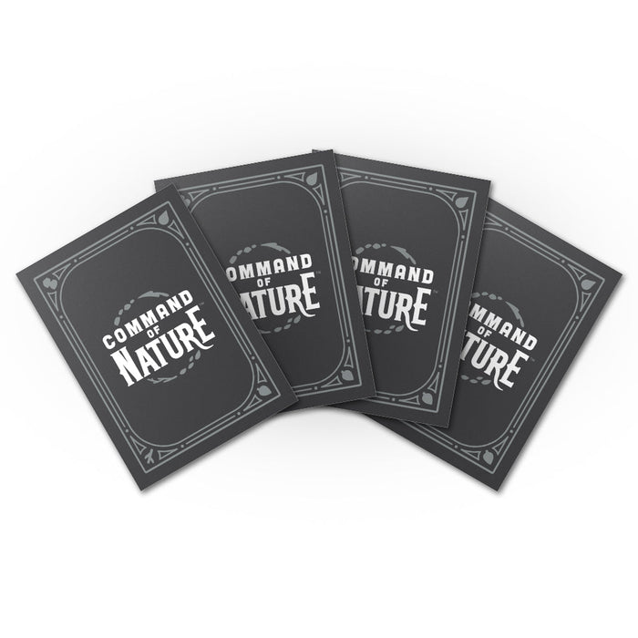 Four black cards with the text "COMMAND OF NATURE" are arranged in a fanned-out manner on a white background, perfectly showcasing what could be ideally protected by Unstable Games' Command of Nature: Card Sleeves for gamers.