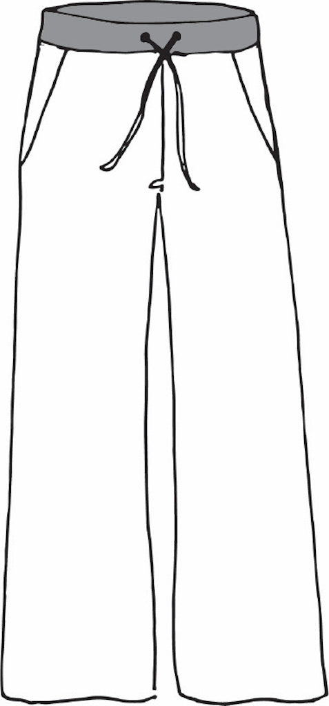 Flat Iron Pant (detailed sketch). Shaded area represents the Cotton Knit waistband with drawstring.