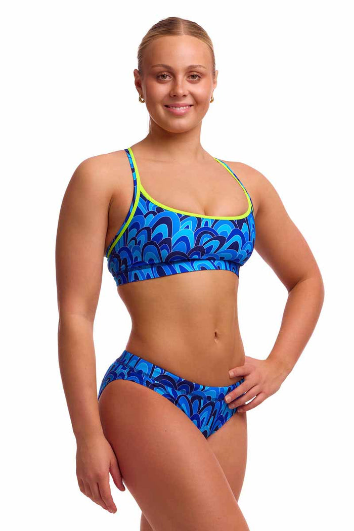 Funkita Ladies Hill Billy Blues blue sports top, a sleek bikini/tankini with a vibrant blue design, perfect for active swimwear.