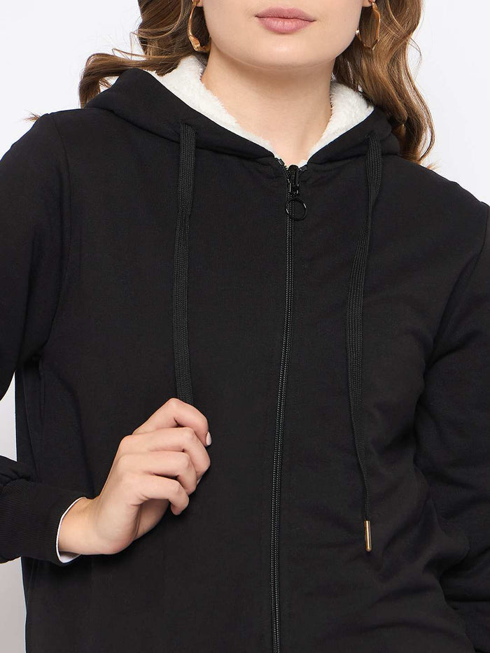 Madame Metal Detailed Zipper Black Hooded Sweatshirt