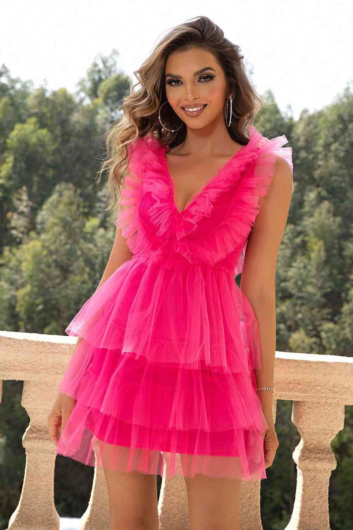 Ruffled V-Neck Sleeveless Mesh Dress - Madikfashions.com