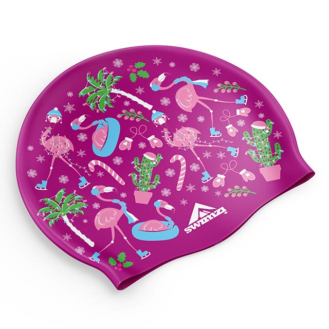 Swimzi Christmas Flamingos Raspberry swim cap featuring festive flamingo design, made for comfortable swimming and water sports.