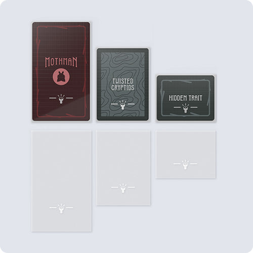 Unstable Games’ Twisted Cryptids: Card Sleeves features three cards—"Mothman," "Twisted Cryptids," and "Hidden Trait"—plus three blanks below, ideal for display or protecting your cards with durable sleeves.