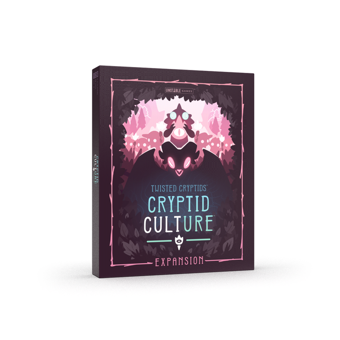 A game box for Unstable Games' "Twisted Cryptids: Cryptid Culture Expansion" features a stylized creature illustration in pink, purple, and black.