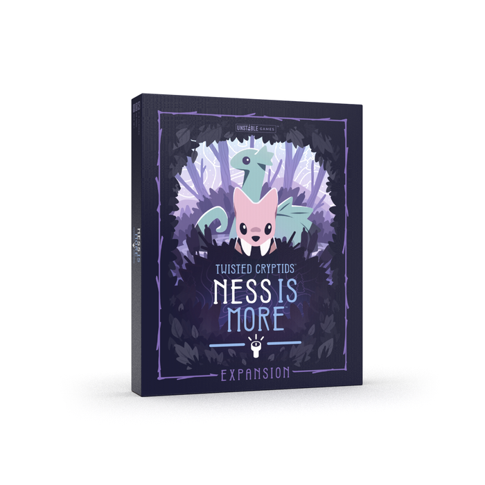 Twisted Cryptids: Ness is More Expansion" by Unstable Games features cartoon creatures and a dark forest background.