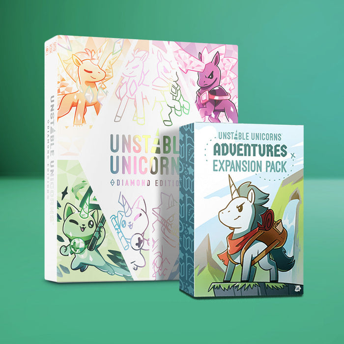 Two game boxes on a green background: "Unstable Unicorns: Diamond Edition: Base Game + Adventures Expansion Bundle" by Unstable Games. Engage in this strategic card game and build your unicorn army with playful unicorn illustrations on the boxes.