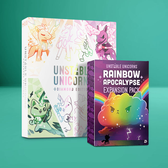 Two boxed card games on a green background: "Unstable Unicorns: Diamond Edition: Base Game + Rainbow Apocalypse Expansion Bundle" by Unstable Games, featuring a strategic colorful unicorn army and a grumpy cloud with rainbow theme.