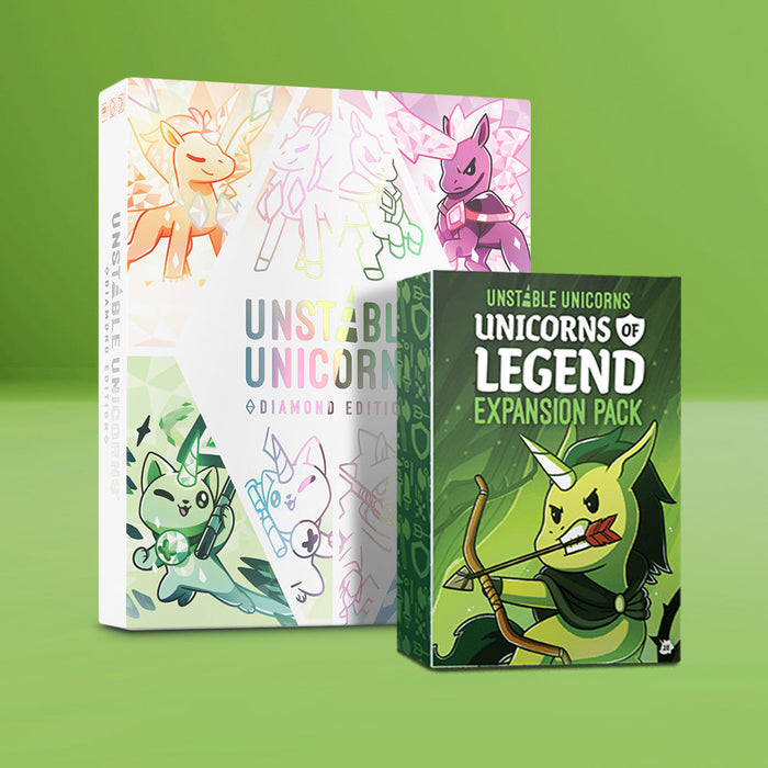 Against a green backdrop, the "Unstable Unicorns: Diamond Edition" box with pastel unicorns is on the left, and the "Unicorns of Legend Expansion Pack" box featuring an armed unicorn is on the right. This strategic card game bundle comes from Unstable Games.