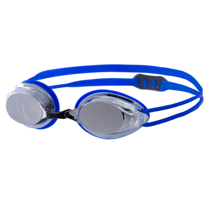 Vorgee Missile Silver Mirror Royal Blue swimming goggles with reflective lenses and adjustable strap for a secure fit.