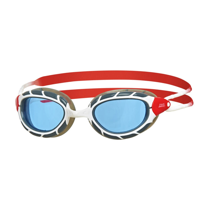 Blue Zoggs Predator swimming goggles with adjustable straps and clear lenses, designed for competitive and recreational swimming.