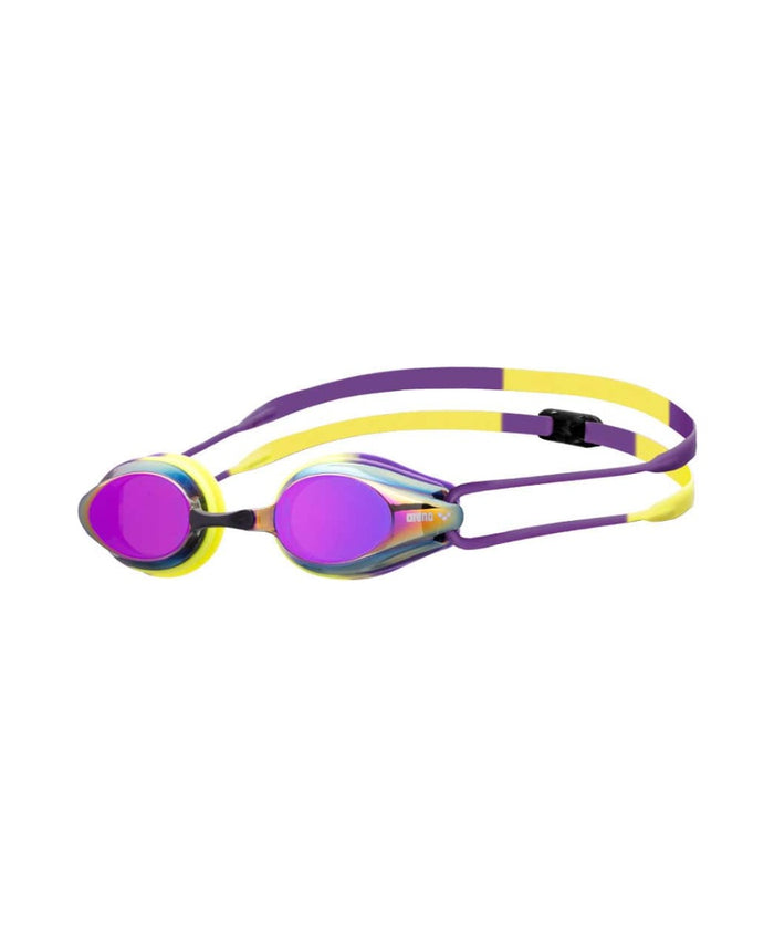 Arena Tracks mirror racing goggles in violet, plum, and lime with reflective lenses and adjustable straps for swimming.