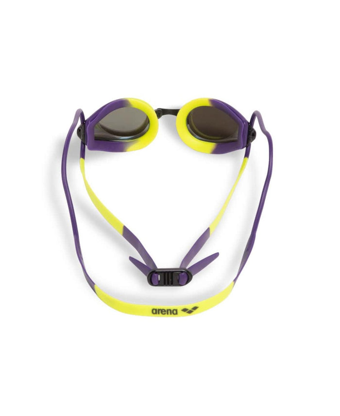 Arena Tracks Mirror Racing Goggles in violet, plum, and lime with adjustable strap and mirrored lenses for competitive swimming.