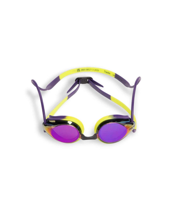 Arena Tracks mirror racing goggles in violet, plum, and lime with reflective lenses, designed for competitive swimming.