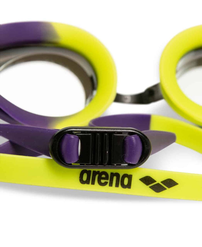 Arena Tracks mirror racing goggles in violet, plum, and lime with reflective lenses and adjustable strap for swimming.