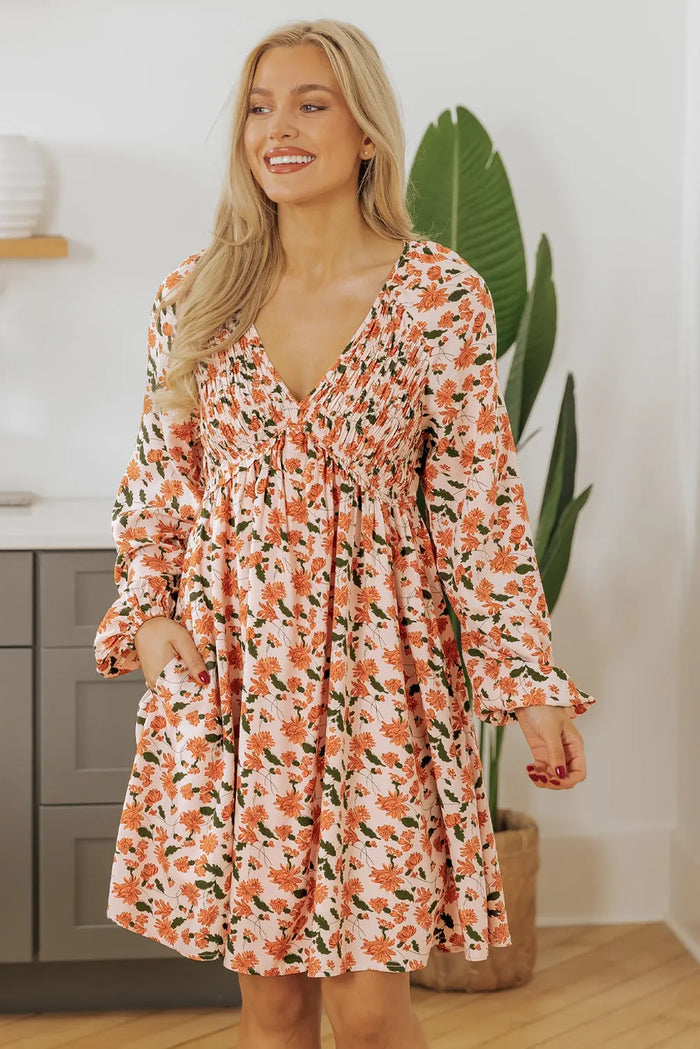 Beige Floral Deep V Neck Smocked Bust Bubble Sleeve Babydoll Dress - BEIGE / S / 100% VISCOSE - Dresses/Mini Dresses