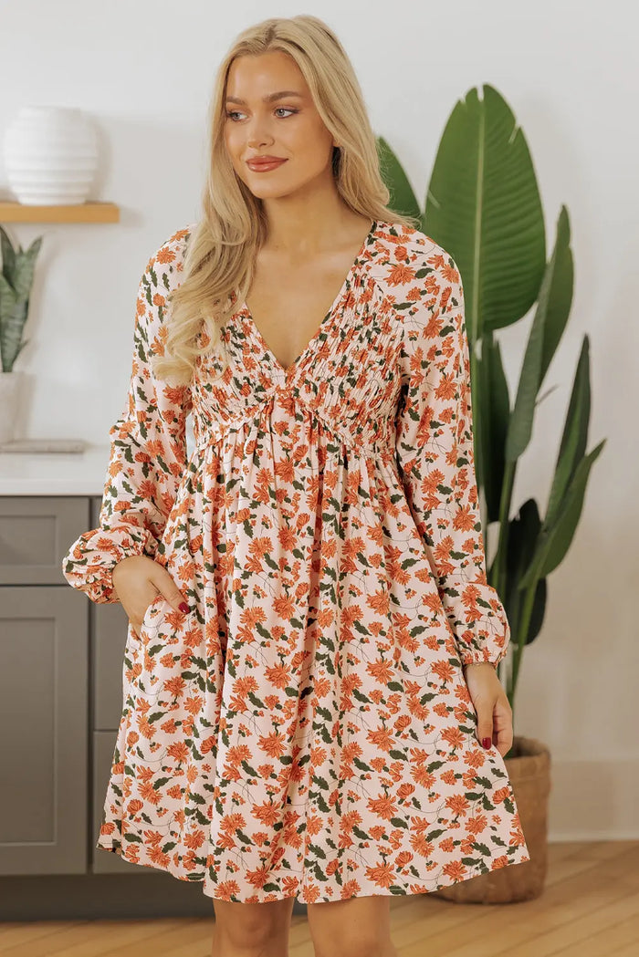 Beige Floral Deep V Neck Smocked Bust Bubble Sleeve Babydoll Dress - Dresses/Mini Dresses