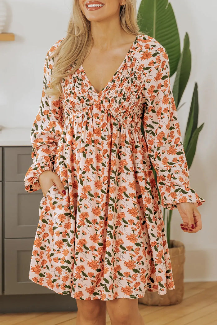 Beige Floral Deep V Neck Smocked Bust Bubble Sleeve Babydoll Dress - Dresses/Mini Dresses