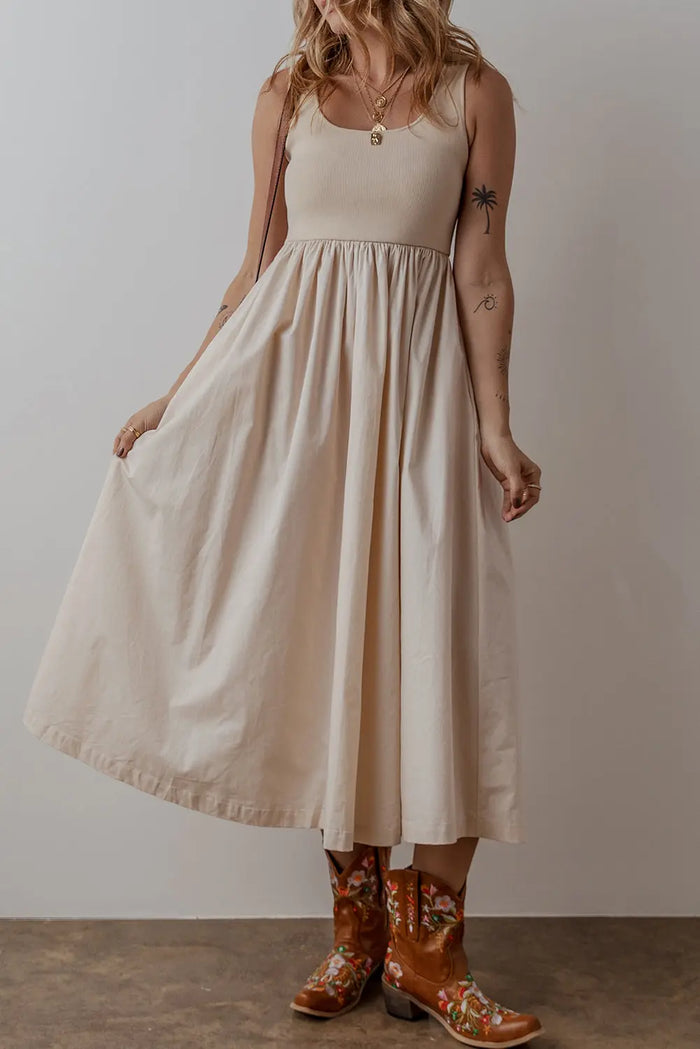 Beige Scoop Neck Ribbed Bodice Pleated Sleeveless Long Dress - S / 100% Cotton - Dresses/Maxi Dresses