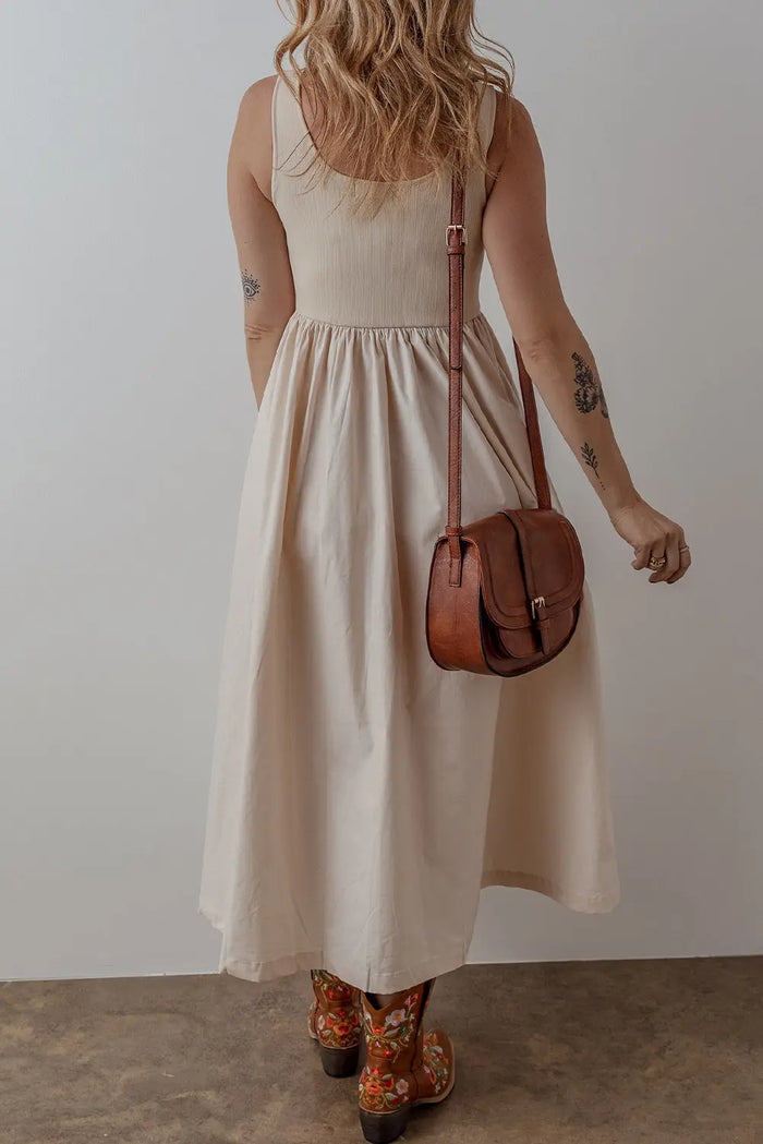 Beige Scoop Neck Ribbed Bodice Pleated Sleeveless Long Dress - Dresses/Maxi Dresses