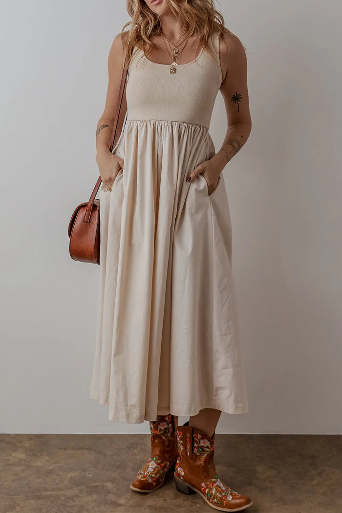 Beige Scoop Neck Ribbed Bodice Pleated Sleeveless Long Dress - Dresses/Maxi Dresses