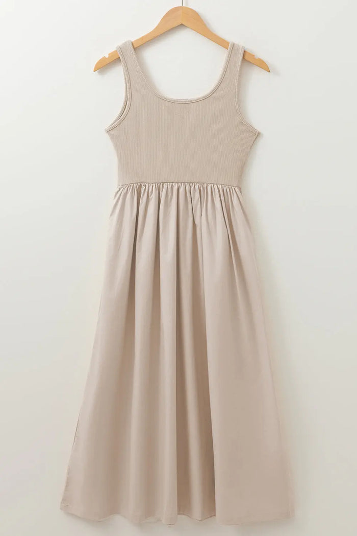 Beige Scoop Neck Ribbed Bodice Pleated Sleeveless Long Dress - Dresses/Maxi Dresses