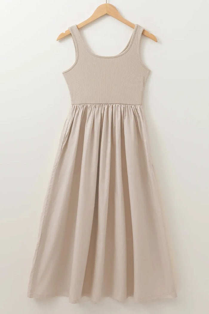 Beige Scoop Neck Ribbed Bodice Pleated Sleeveless Long Dress - Dresses/Maxi Dresses