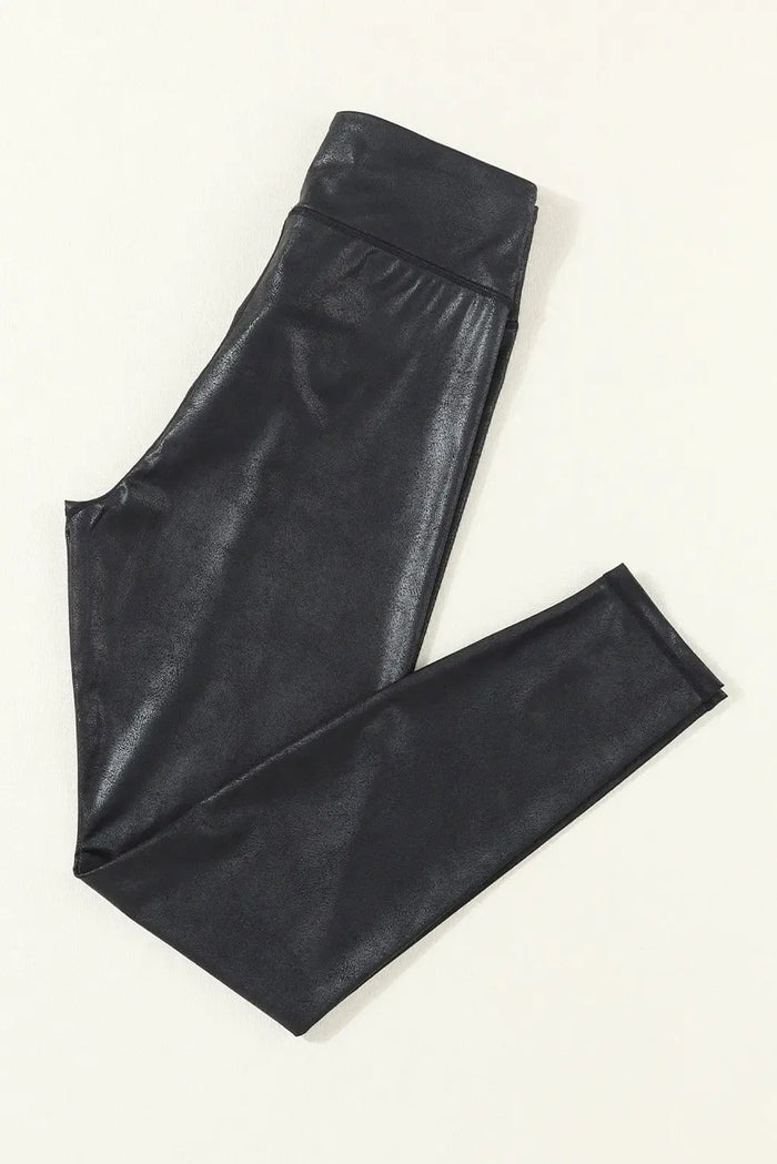 Black Crossed Dip Waist Sleek Leather Leggings - BLACK / S / 92% POLYESTER + 8% ELASTANE - Bottoms/Leggings