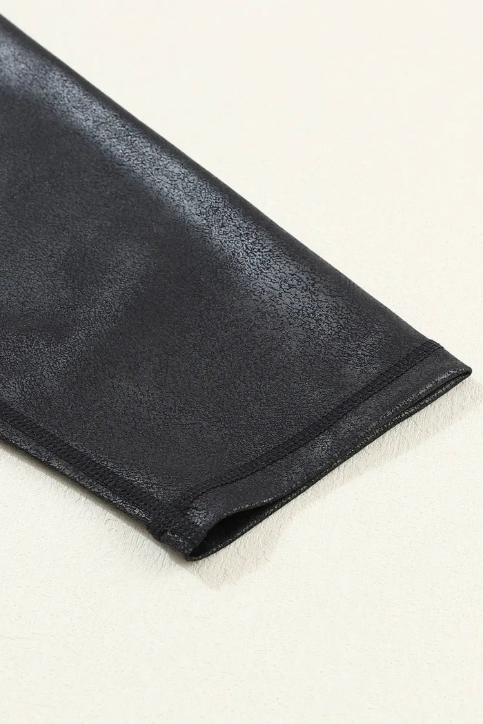 Black Crossed Dip Waist Sleek Leather Leggings - Bottoms/Leggings