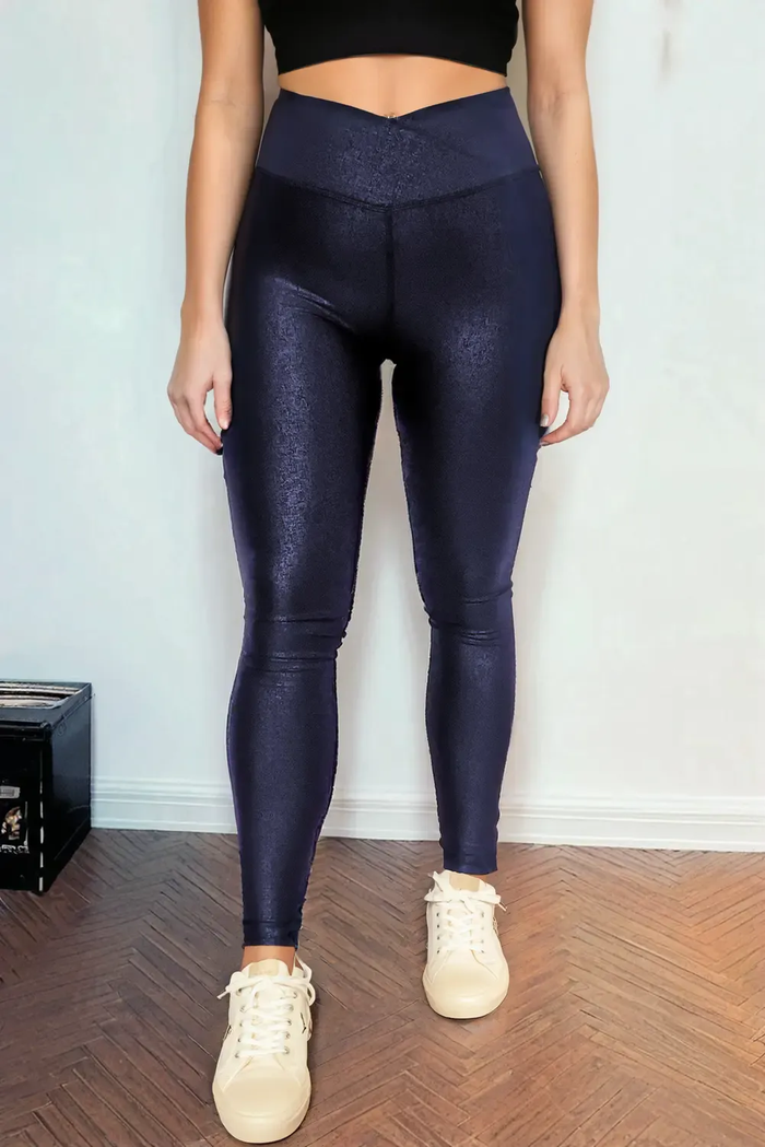 Black Crossed Dip Waist Sleek Leather Leggings - Bottoms/Leggings