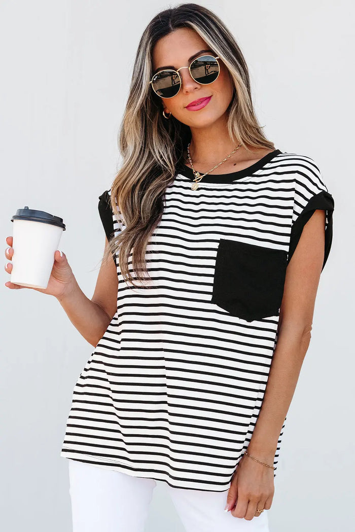 Black Stripe Chest Pocket Patch Round Neck Tank Top - S / 50% Viscose + 45% Polyester + 5% Elastane - Tops/Tops & Tees