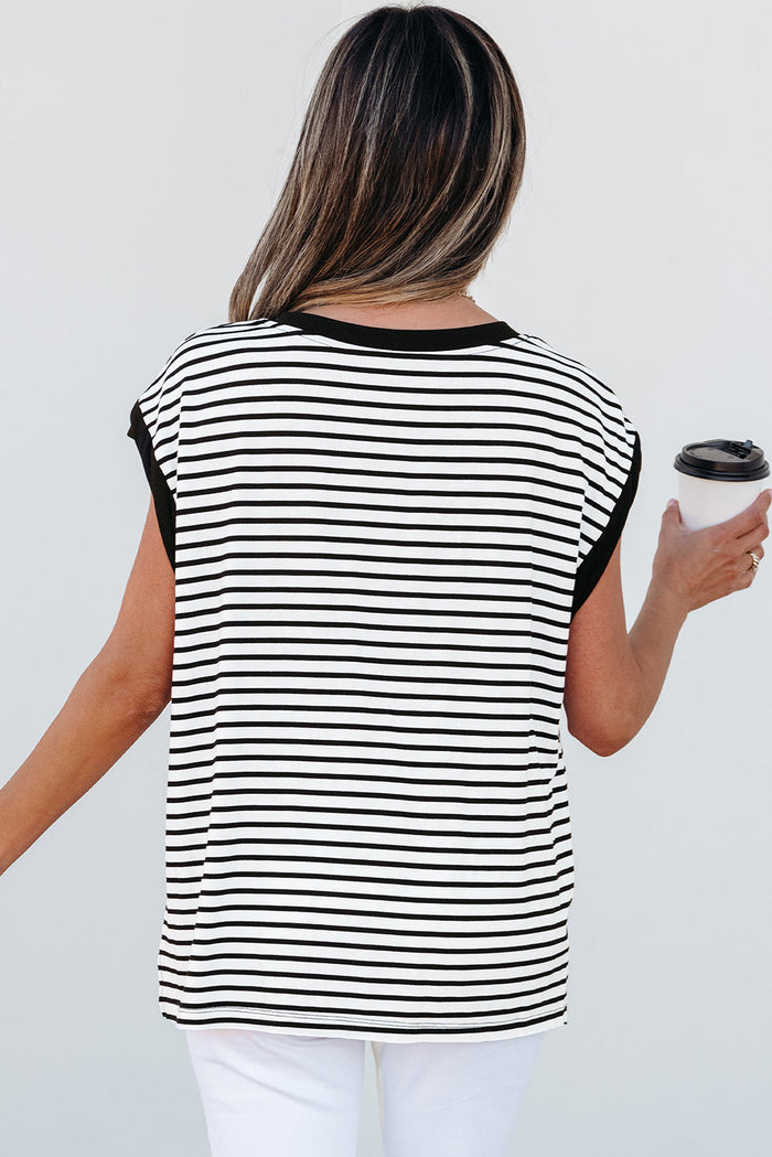 Black Stripe Chest Pocket Patch Round Neck Tank Top - Tops/Tops & Tees