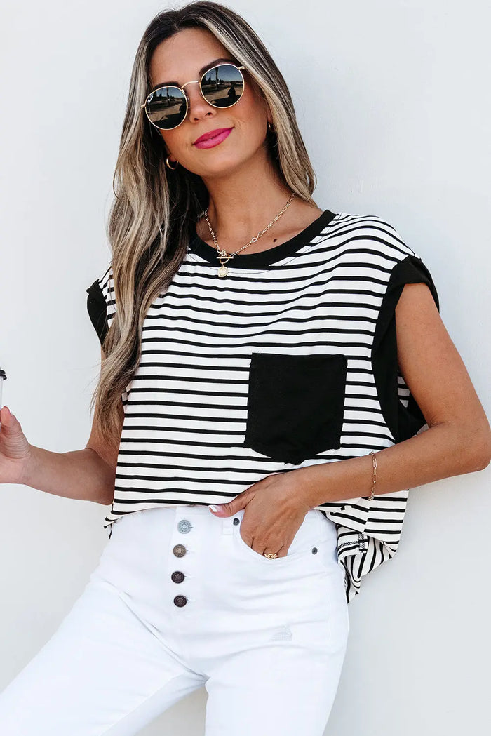 Black Stripe Chest Pocket Patch Round Neck Tank Top - Tops/Tops & Tees