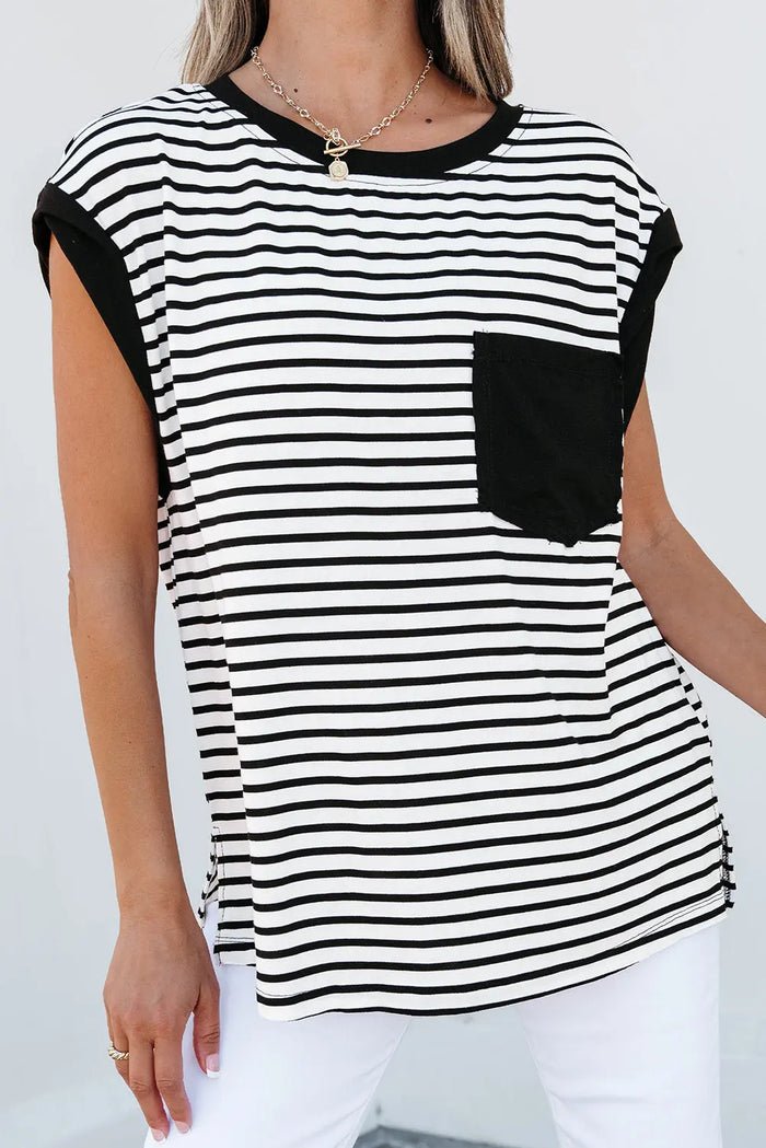 Black Stripe Chest Pocket Patch Round Neck Tank Top - Tops/Tops & Tees