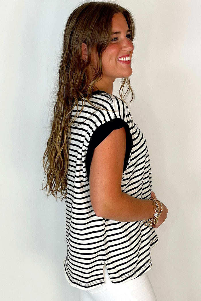 Black Stripe Chest Pocket Patch Round Neck Tank Top - Tops/Tops & Tees