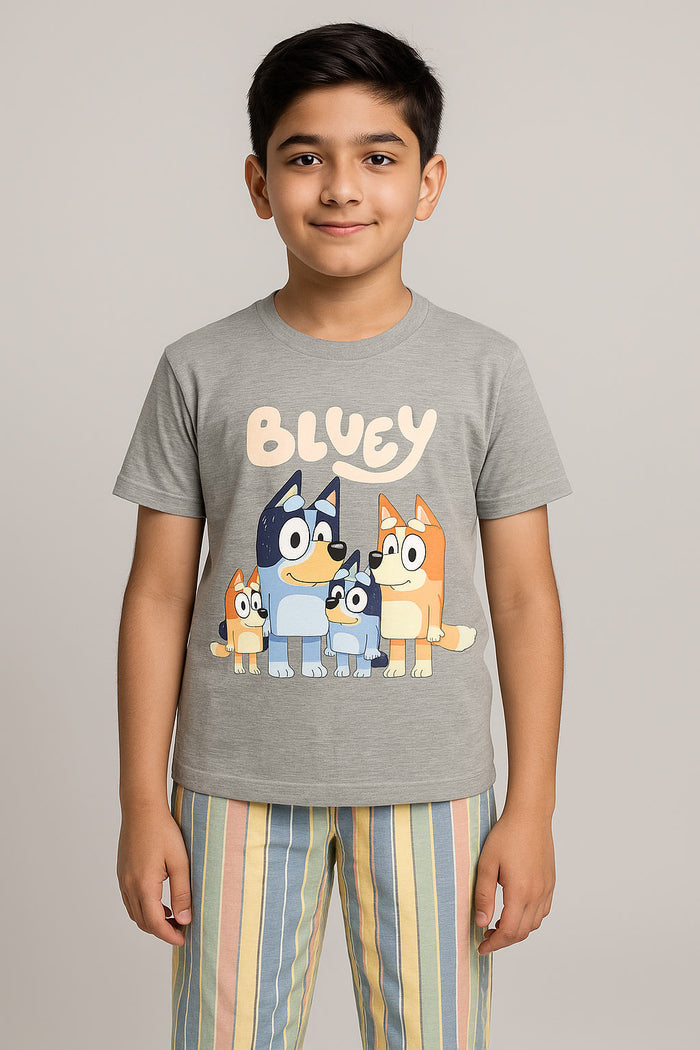 Boys Cotton Check Trouser and Printed Shirt (Bluey Family)