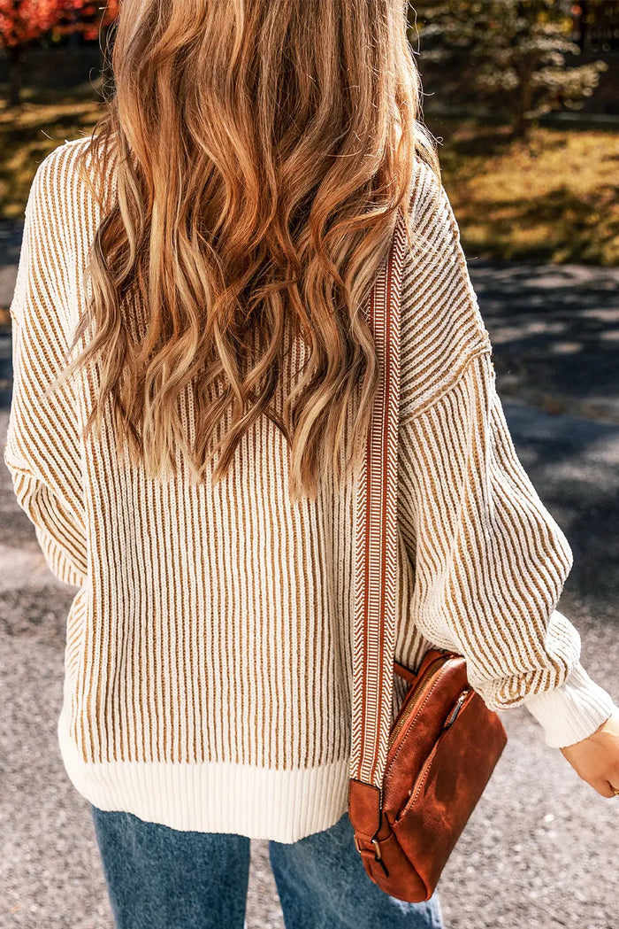 Bright Pink Striped Textured Knit Contrast Edge Loose Sweater - Tops/Sweatshirts & Hoodies