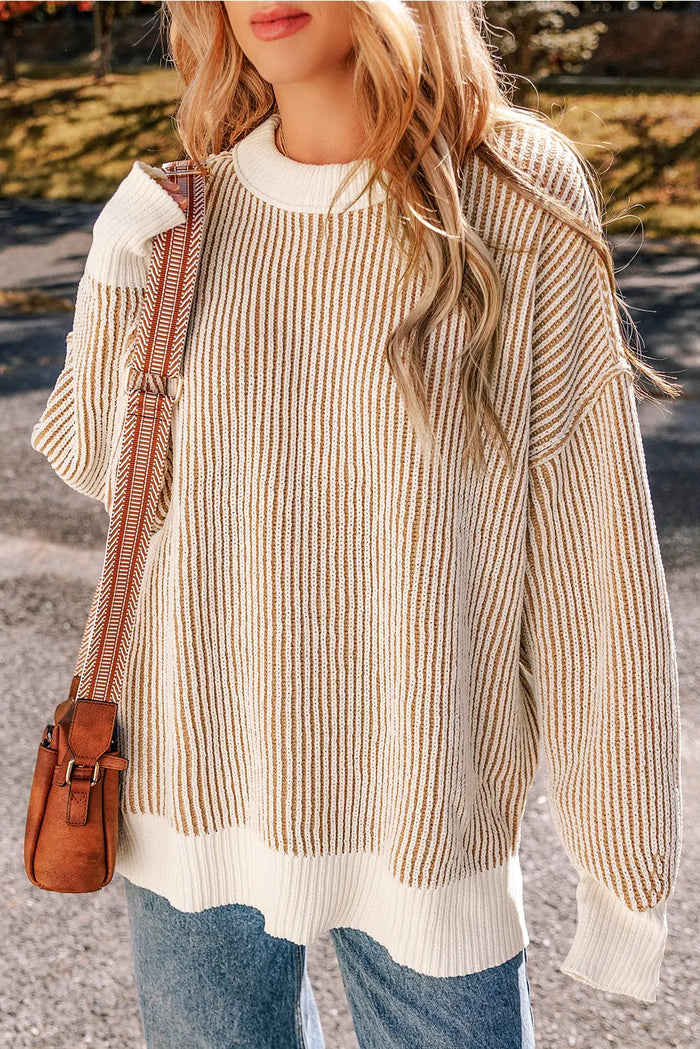 Bright Pink Striped Textured Knit Contrast Edge Loose Sweater - Tops/Sweatshirts & Hoodies