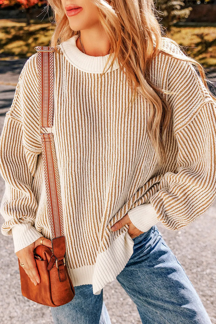 Bright Pink Striped Textured Knit Contrast Edge Loose Sweater - Tops/Sweatshirts & Hoodies