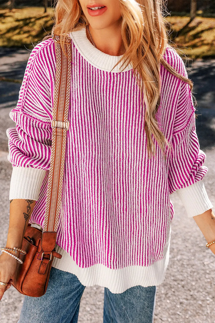 Bright Pink Striped Textured Knit Contrast Edge Loose Sweater - BRIGHT PINK / S / 100% POLYESTER - Tops/Sweatshirts &
