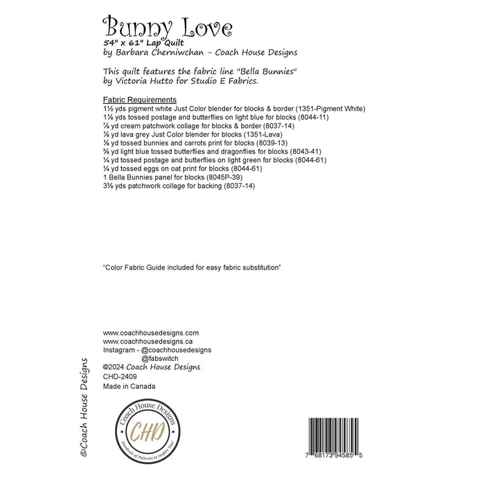 Textual information about the lap quilt sewing pattern titled 'Bunny Love' by Coach House Designs. The text includes the specifications for the fabric used to make the quilt from the fabric line titled 'Bella Bunnies' by Victoria Hutto for Studio E Fabrics.