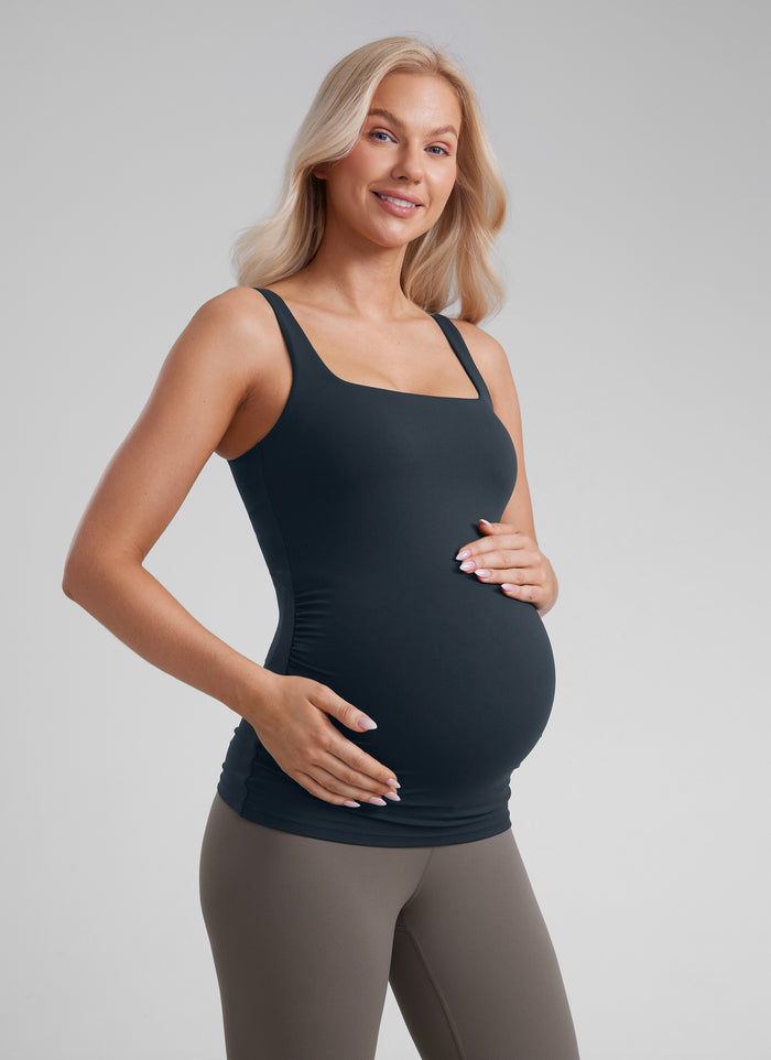 CRZ YOGA  Women's Square Neck Maternity Tank Tops Ruched Sleeveless True Navy