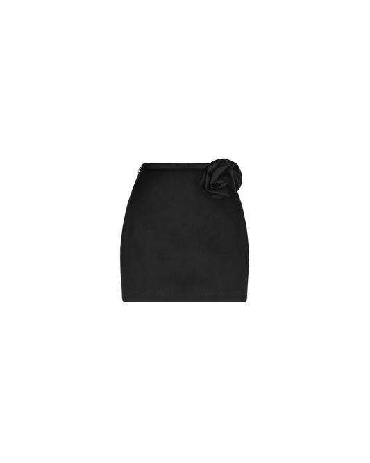 CHER SATIN MINI SKIRT BLACK ROSETTE
