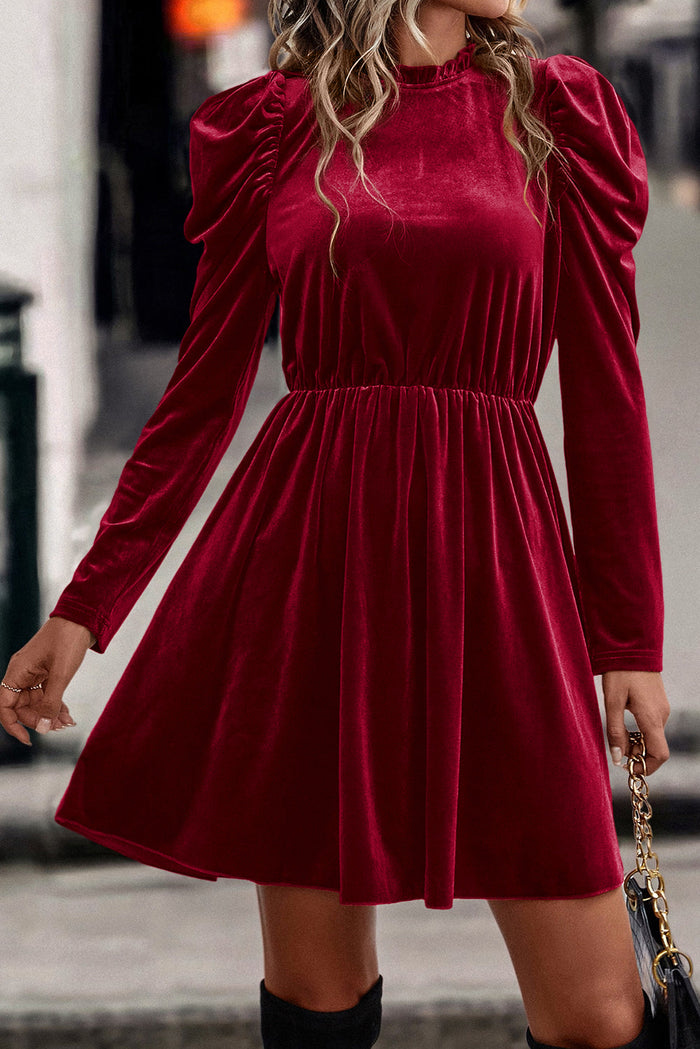 Chestnut Velvet Frilled Neck Gigot Sleeve Swing Dress - RED DAHLIA / S / 95% POLYESTER + 5% ELASTANE - Dresses/Mini