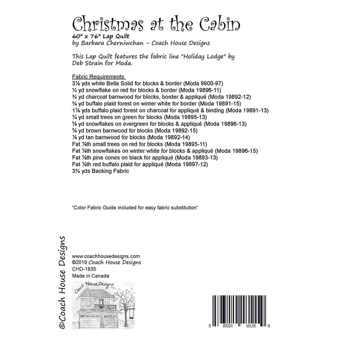 Textual information about the lap quilt sewing pattern titled 'Christmas at the Cabin' by Coach House Designs. The text includes the specifications for the fabric used to make the quilt from the fabric line titled 'Holiday Lodge' by Deb Strain for Moda.